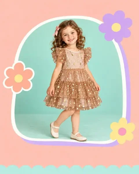 Girl wearing a gold-star tulle dress