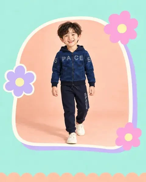 Boy wearing a navy camouflage set